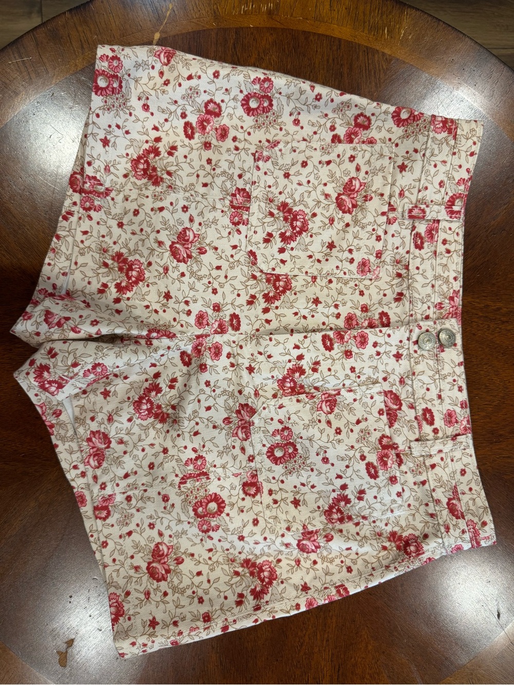 cinq a sept Red Floral Print Jean Shorts on Cream Base